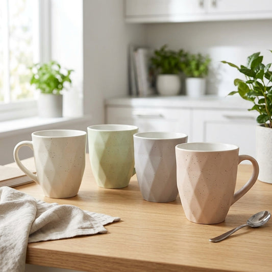 Four faceted ceramic mugs in light neutral colors arranged on a wooden table in a bright kitchen setting, with a cloth napkin and spoon nearby.