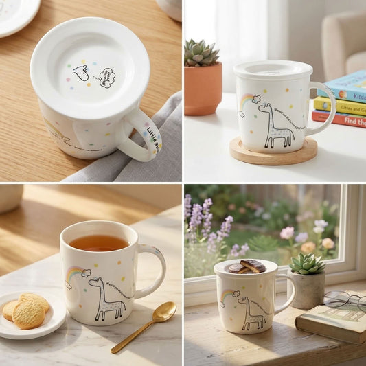 A four-panel collage showing a white ceramic unicorn mug in different real-world settings. The mug features a black line-art unicorn, a small rainbow, and scattered pastel dots, with the word 'Lifefactory' printed on the handle.