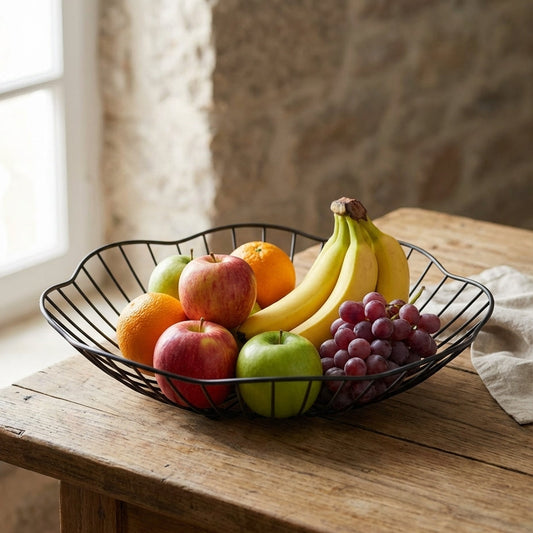 Fruit bowl with apples, oranges, bananas, and grapes on a wooden table.