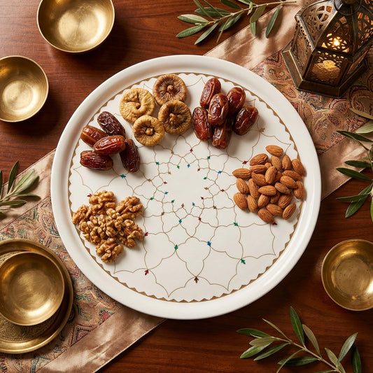 Round white plate with nuts and dried fruits on a wooden table with gold bowls and green leaves.
