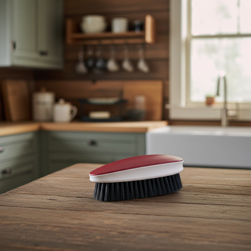 Cleaning brush with red top and black bristles on a wooden surface in a kitchen.