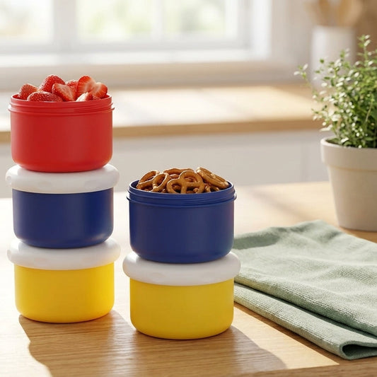 Colorful containers stacked on a wooden surface with a plant in the background
