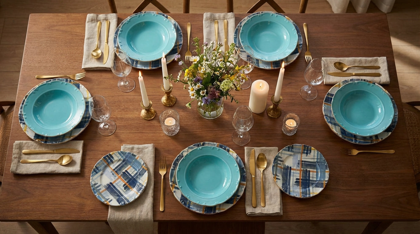 Dining table set with turquoise plates, gold cutlery, and candles on a wooden table.