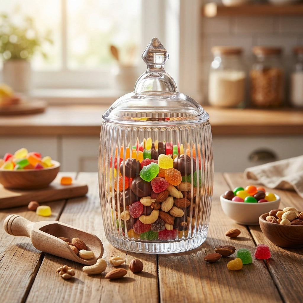 Glass jar filled with a mix of nuts and colorful candies on a wooden table.