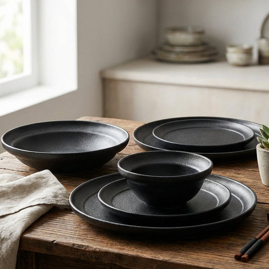 Set of black ceramic dishes on a wooden table with a neutral background