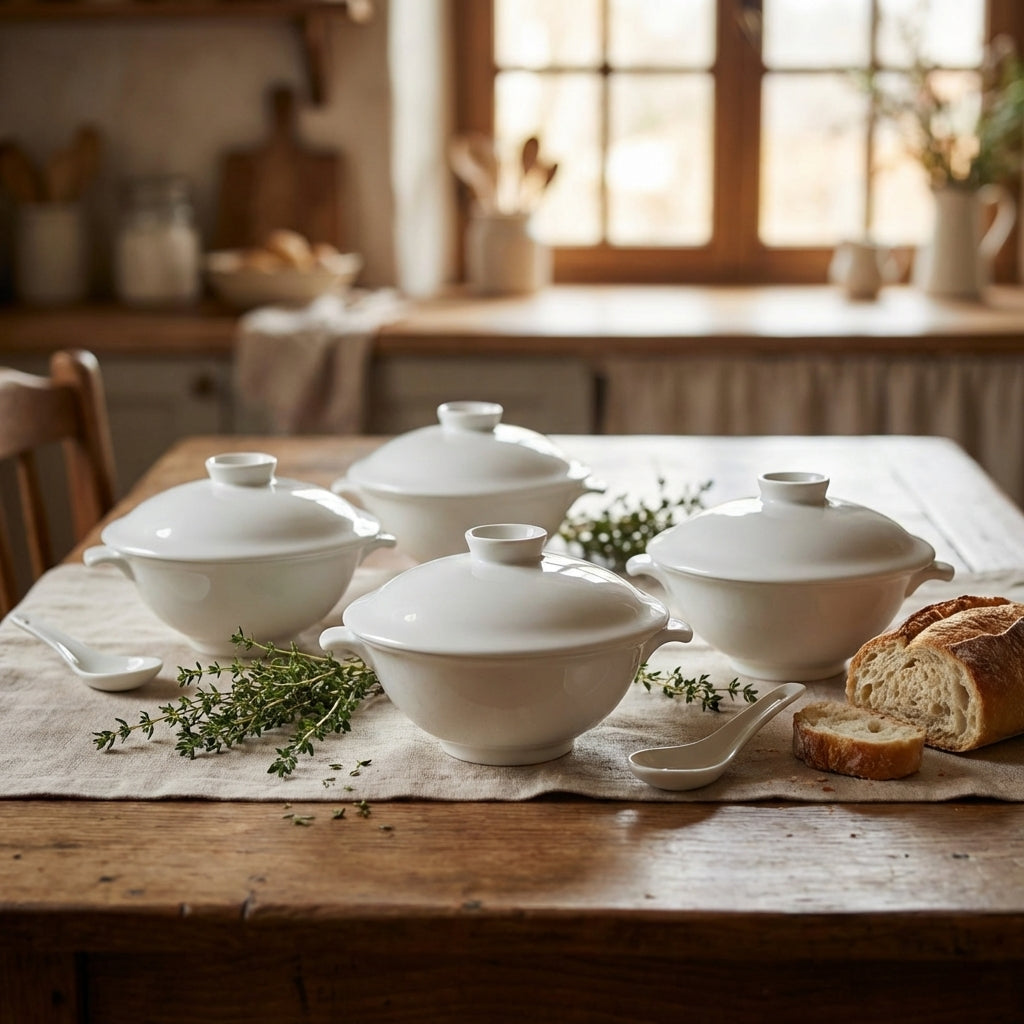 Set of white covered dishes on a wooden table with bread and herbs