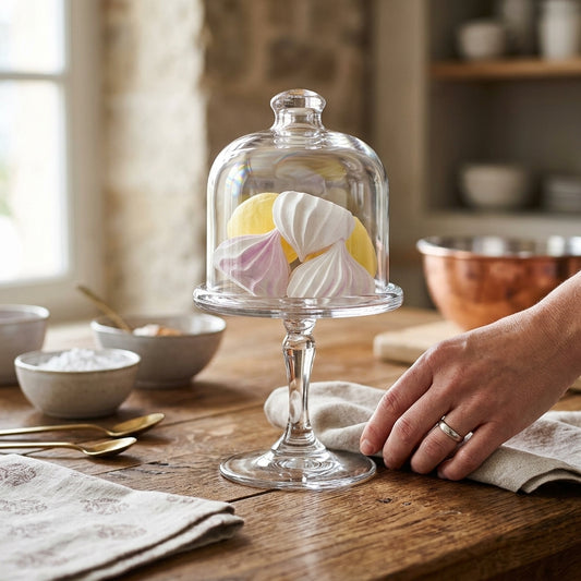 Glass dome with meringues on a wooden table, hand reaching out