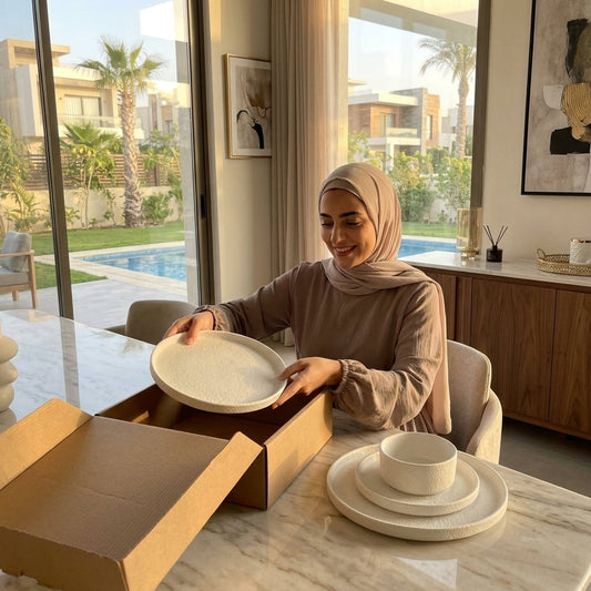 Woman in hijab arranging ceramic plates on a marble table with a pool and garden view.