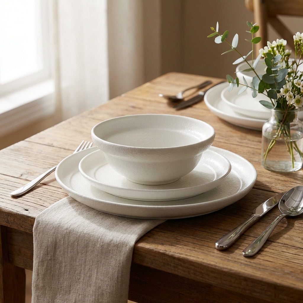 White ceramic dinnerware set on a wooden table with silver cutlery and a vase of flowers.