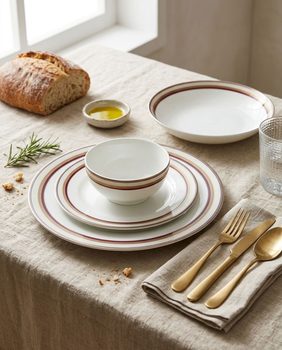 Regal Stripes ceramic dinnerware – gold cutlery table styling