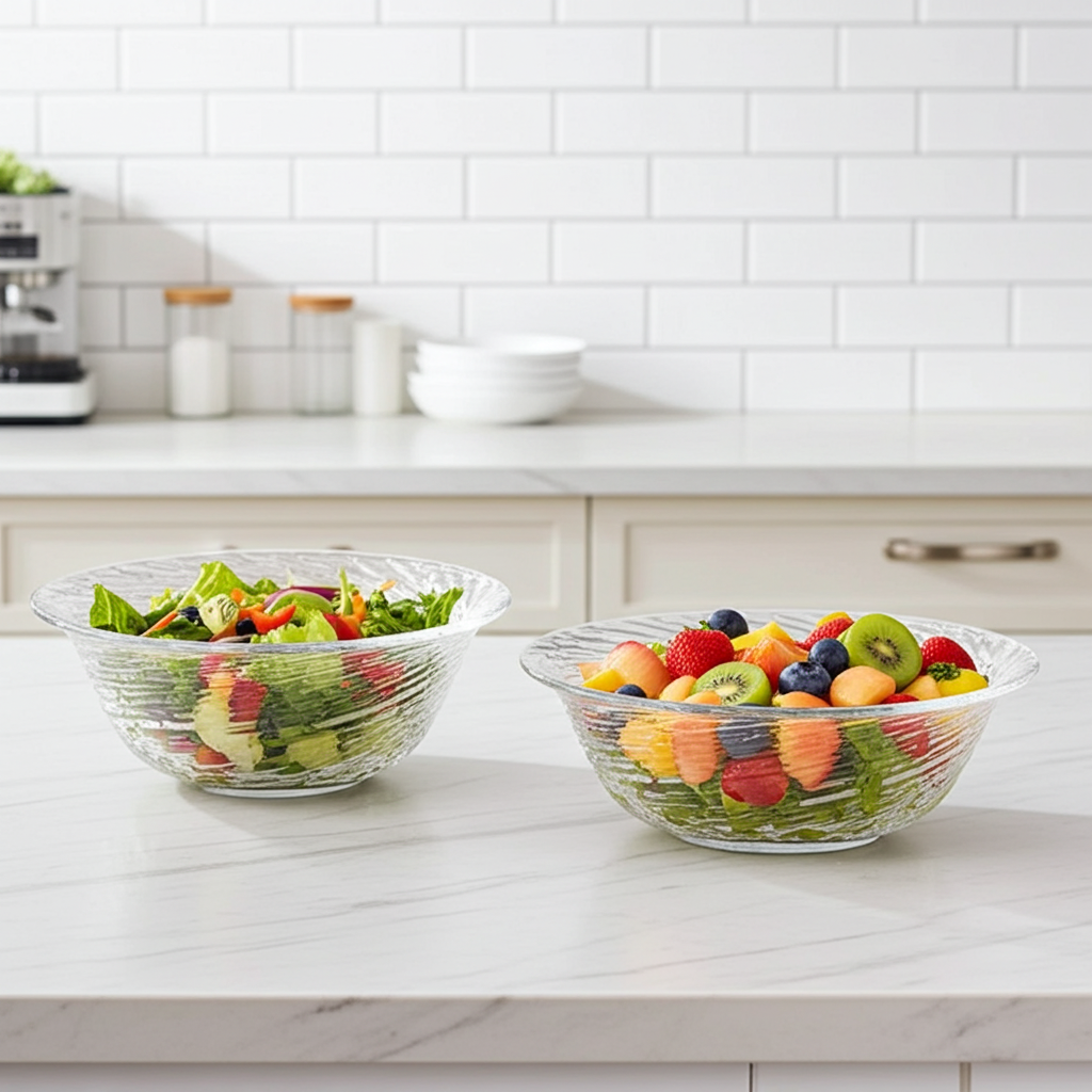 Fwaki Large Glass Bowls - Set of 2 | 1350ml Big Serving Bowls for Salad, Fruit, Punch & Pasta – طقم بُوَل زجاجية كبيرة، قطعتان، سعة 1350 مل، للسلطة والفواكه والبانش والباستا