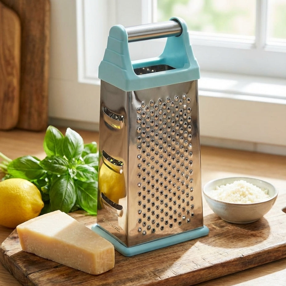 Box grater with a turquoise handle on a wooden cutting board with lemons, basil, and a bowl of grated cheese.