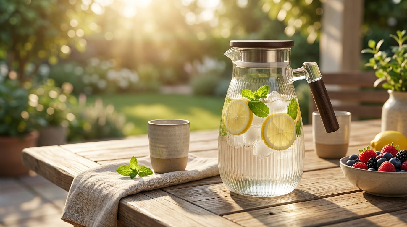 Glass pitcher with lemon slices on a wooden table outdoors