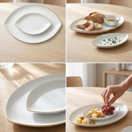 A four-panel collage showing a coordinated set of white ceramic serving plates with thin gold edging, styled on a light wood dining table with bread, cheese, grapes, and a hand reaching in.