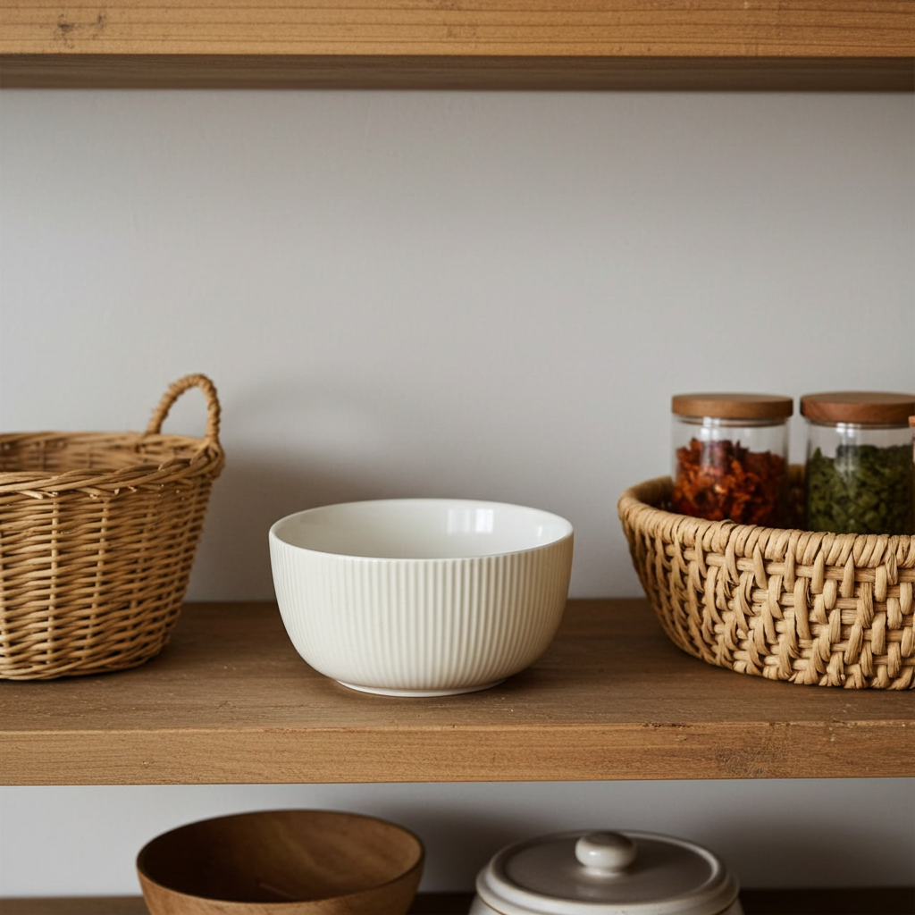 Wooden shelf with a wicker basket, white bowl, and glass jars on a neutral background