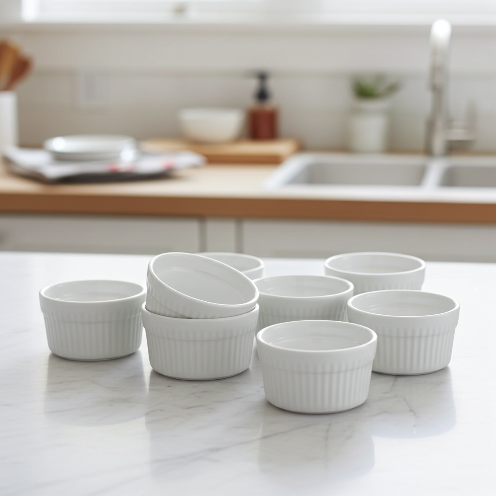 Set of white ceramic ramekins on a kitchen counter