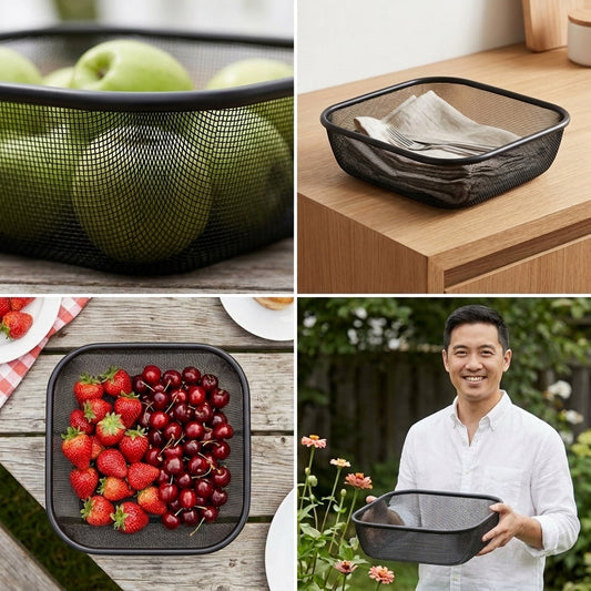 A four-panel collage showing a black mesh rectangular basket/tray in use: holding green apples, lined on a wooden surface, holding strawberries and cherries outdoors, and being held by a smiling man in a garden.