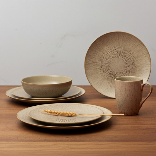 Ceramic dinnerware set with bowls, plates, and a mug on a wooden table.