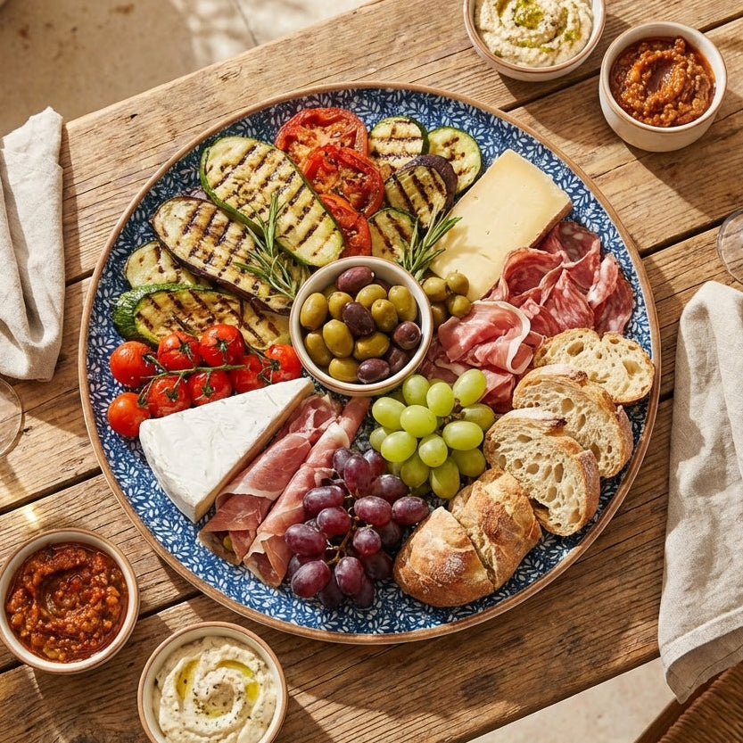 Assorted platter of food including meats, vegetables, and bread on a wooden table.
