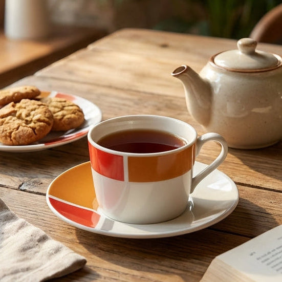 Tea cup with cookies and a book on a wooden table