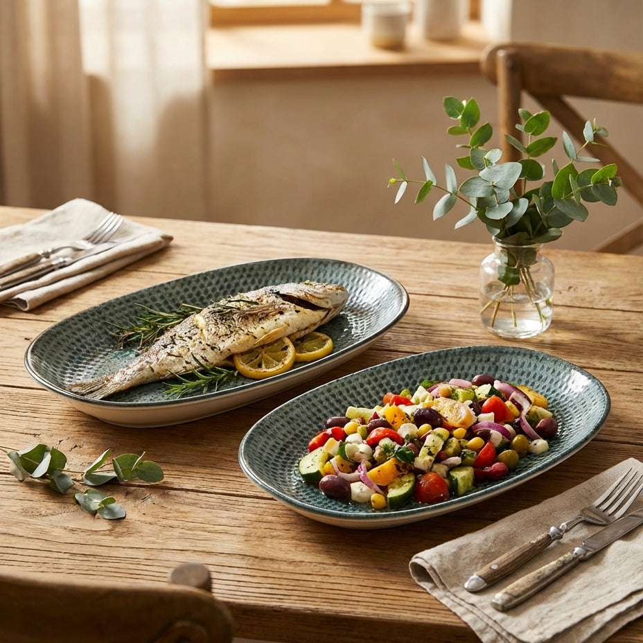 Dining table with two plates of food, one with fish and the other with a colorful salad, set against a neutral background.
