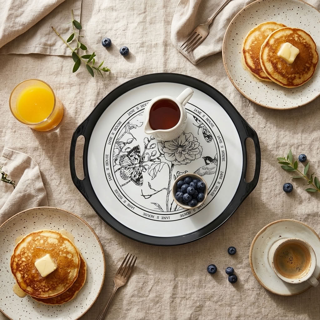 Black floral serving tray – breakfast styling