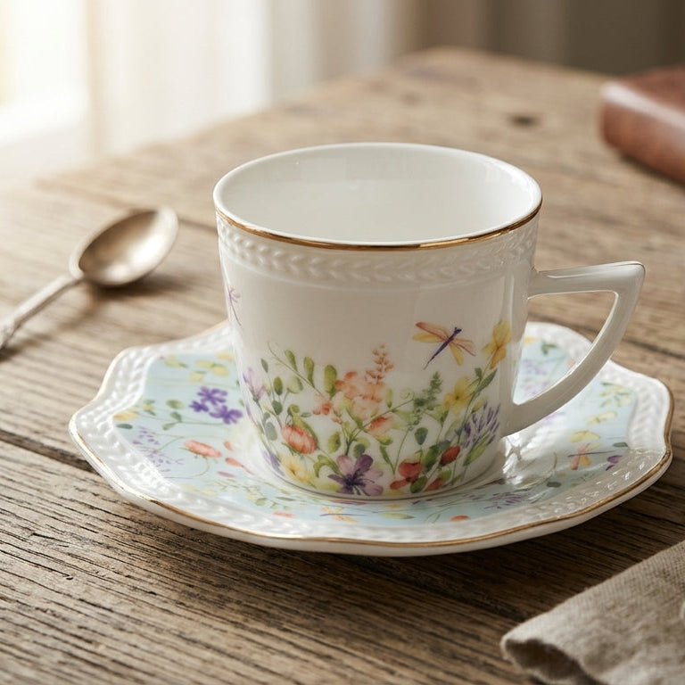 A white ceramic teacup and saucer set with delicate floral and dragonfly illustrations, gold trim, and a beaded rim, styled on a rustic wooden table with a spoon, linen napkin, and leather journal in the background.