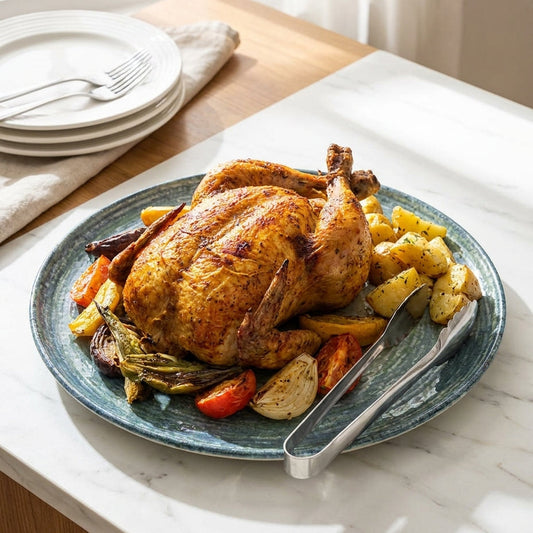 Roasted chicken with vegetables on a blue plate on a marble countertop.