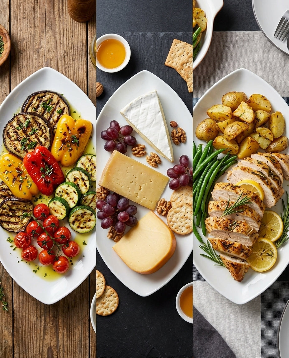 Collage of various food dishes including grilled vegetables, cheese platter, roasted potatoes, and sliced meat with lemon.