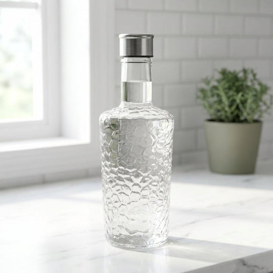 Clear glass bottle with silver cap on a kitchen counter