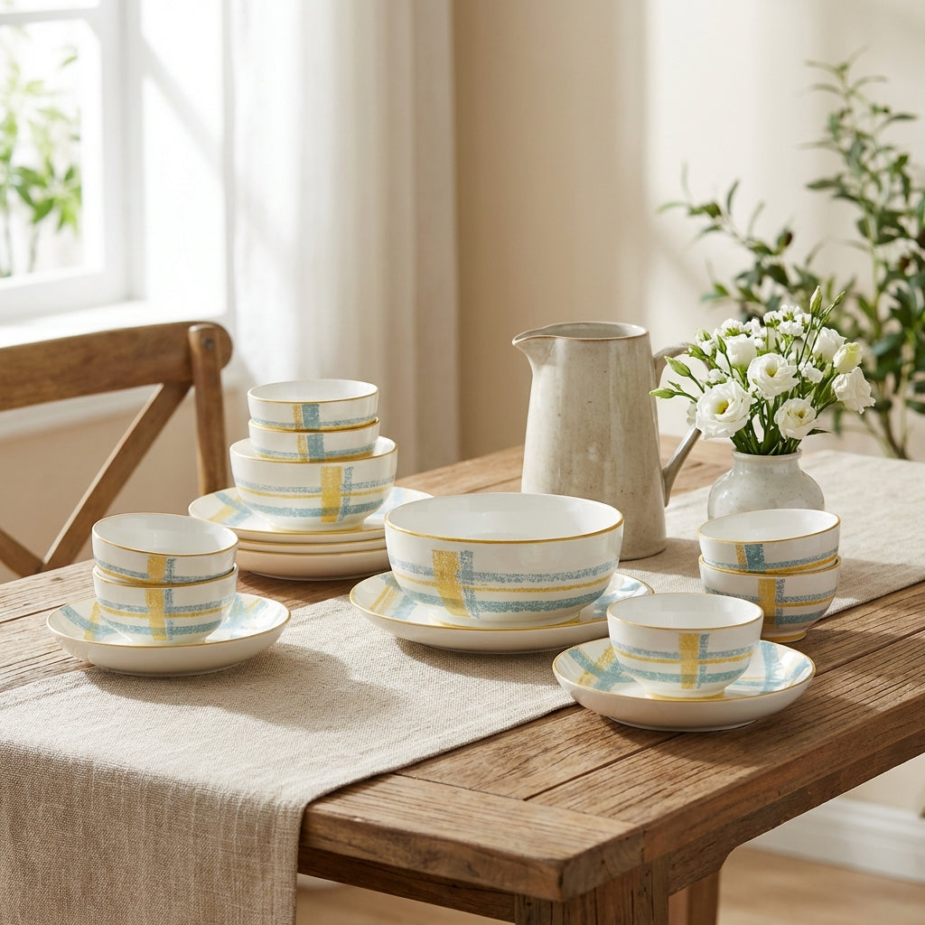 Dinnerware set with plaid patterns on a wooden table with a neutral background