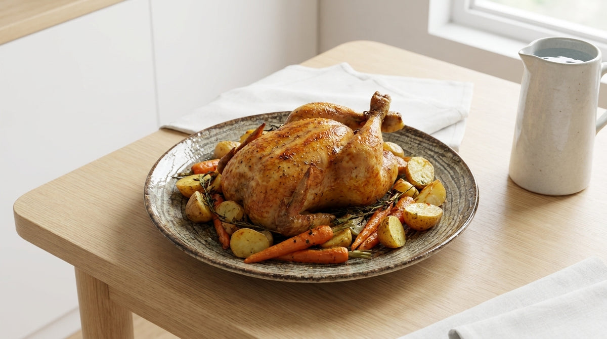 Roasted chicken with vegetables on a plate on a wooden table.