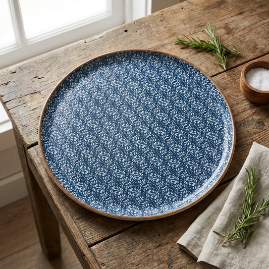 Blue patterned ceramic plate on a wooden surface with herbs and a napkin.