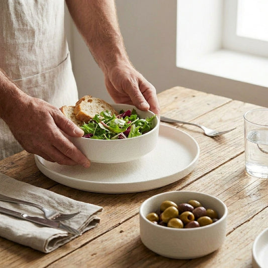 Person preparing a salad with bread on a wooden table