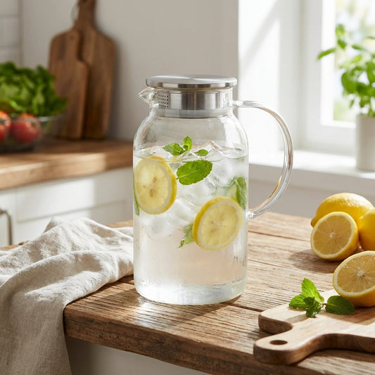 Clear glass pitcher with lemon slices and mint leaves on a wooden surface in a kitchen.