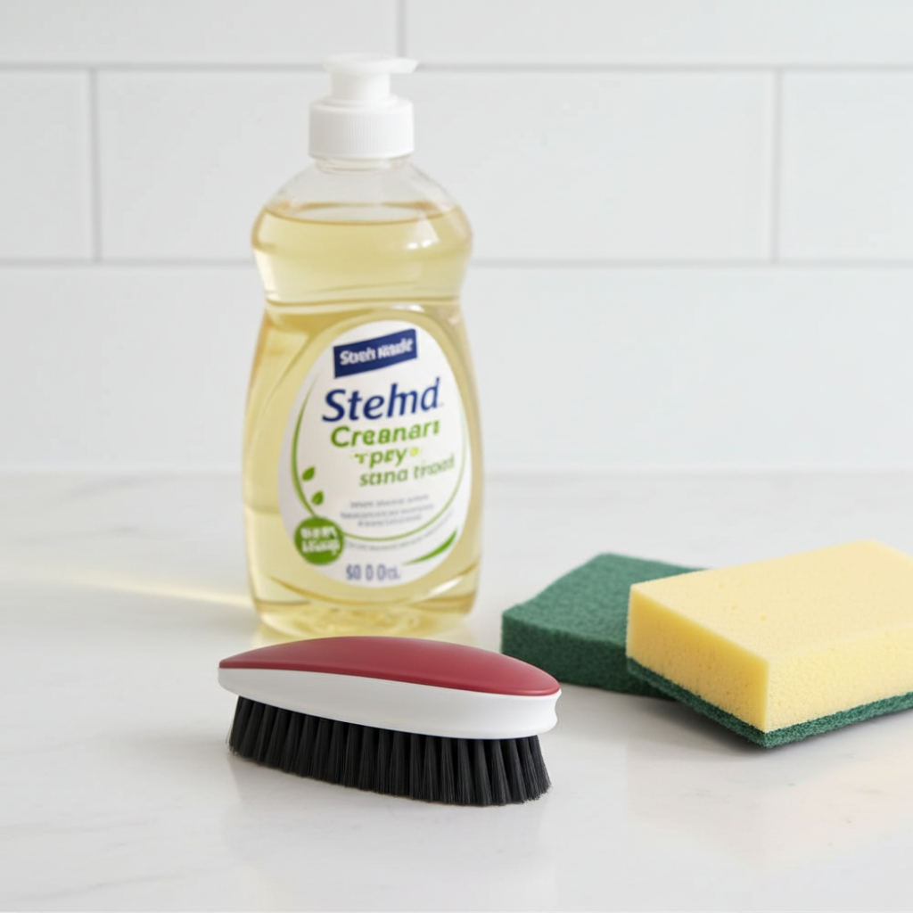 Bottle of Stend Cleanart with a brush and sponge on a tiled surface