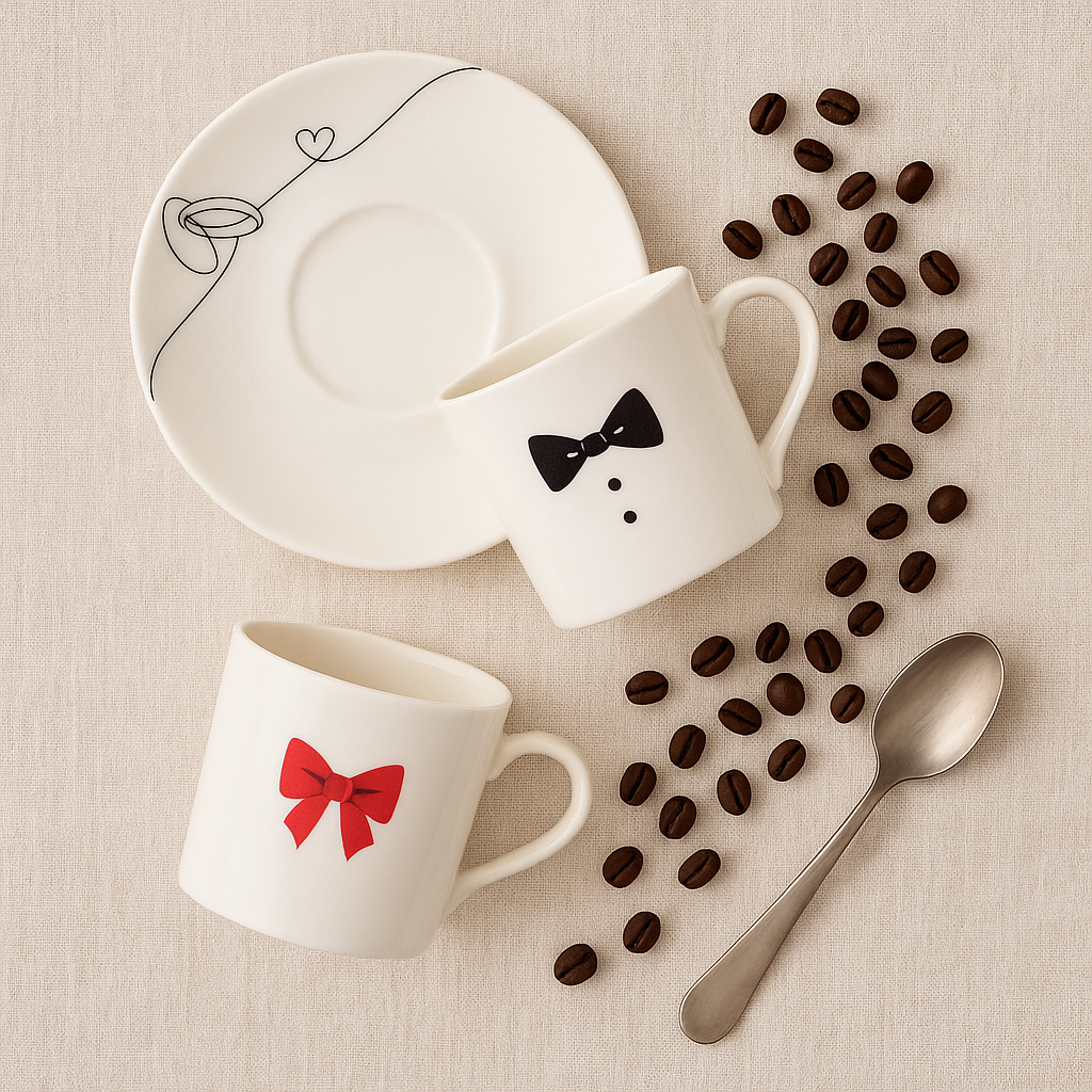 Two white mugs with bow tie designs, a spoon, and scattered coffee beans on a beige surface.