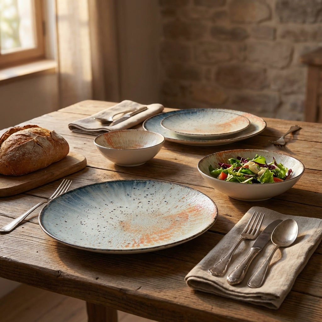 Dining table setting with ceramic plates, bowls, bread, and salad in a rustic kitchen.