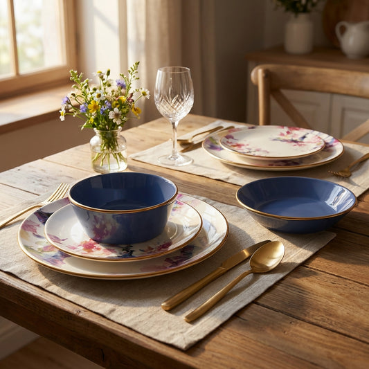Dining table setting with floral plates, blue bowls, and gold cutlery on a wooden table.