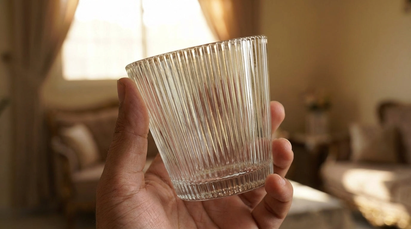 Hand holding a clear glass with ribbed texture indoors