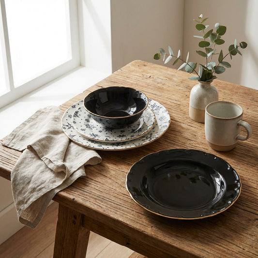 Dining table with black plates, floral-patterned plates, a mug, and a vase with greenery.