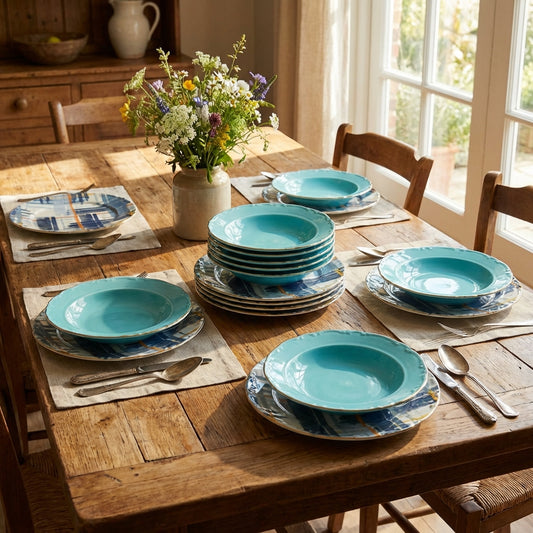 Dining table set with turquoise plates, silverware, and a vase of flowers in a sunlit room.