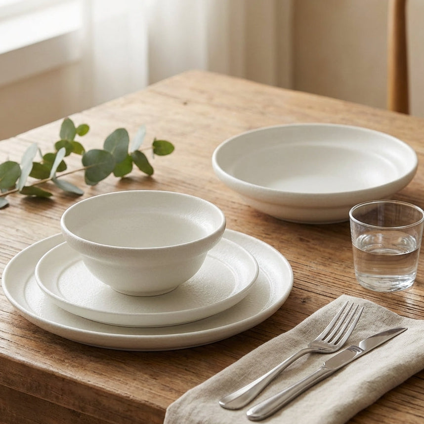 White ceramic tableware set on a wooden table with a glass of water and eucalyptus leaves.