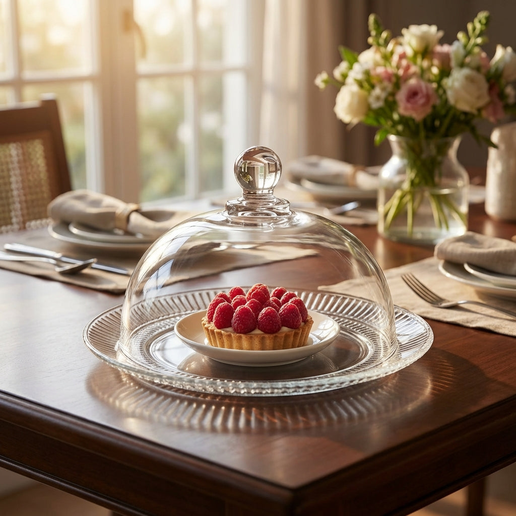 Dessert under a glass cloche on a dining table with a vase of flowers in the background