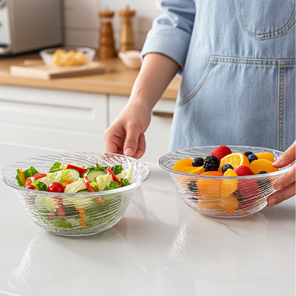 Fwaki Large Glass Bowls - Set of 2 | 1350ml Big Serving Bowls for Salad, Fruit, Punch & Pasta – طقم بُوَل زجاجية كبيرة، قطعتان، سعة 1350 مل، للسلطة والفواكه والبانش والباستا