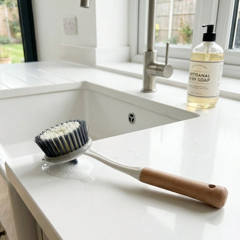 Cleaning brush with a wooden handle on a kitchen counter next to a bottle of soap.