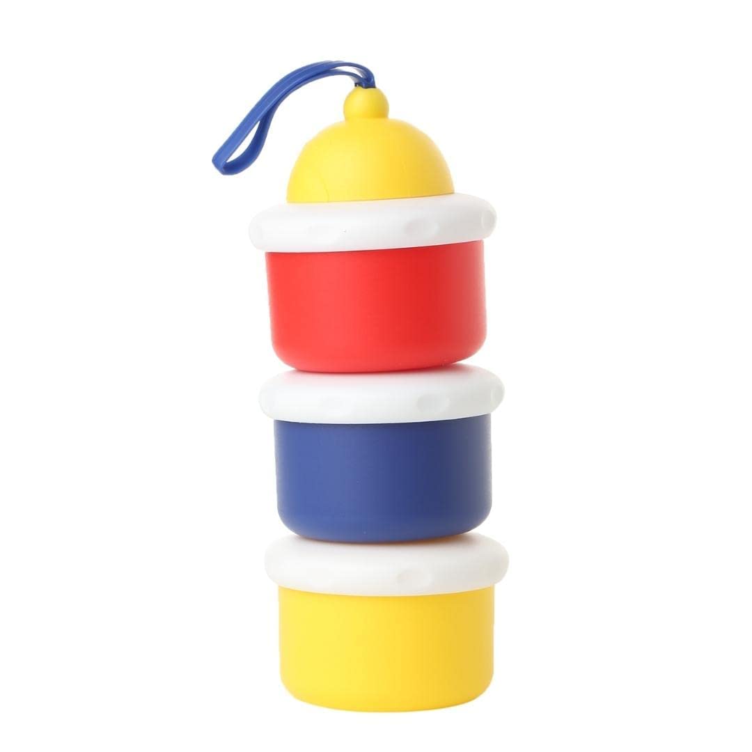 Stack of colorful containers with a blue handle on a white background