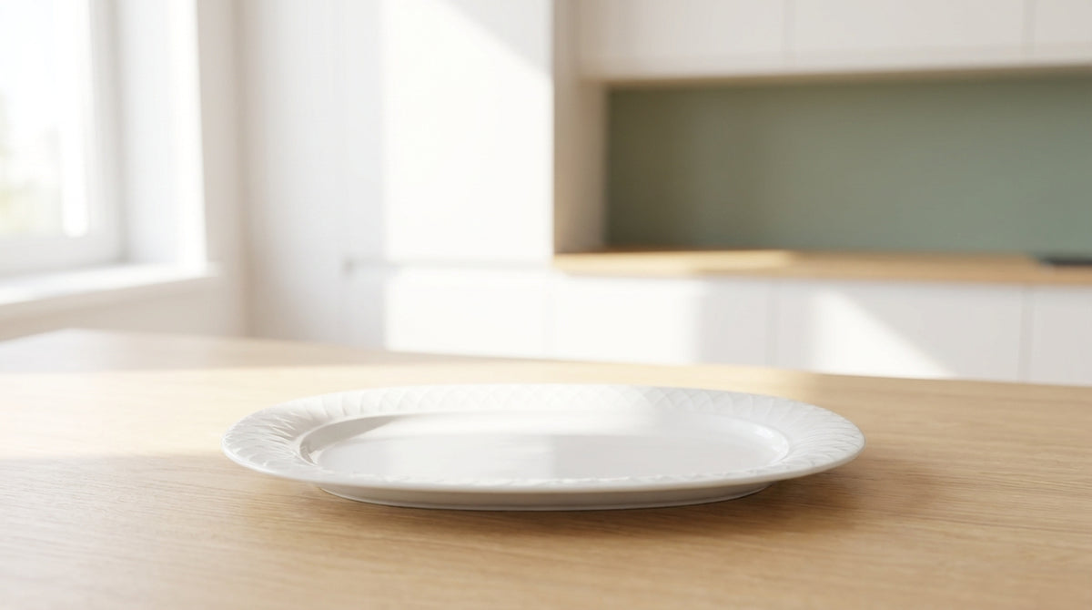 White plate on a wooden table with a blurred kitchen background