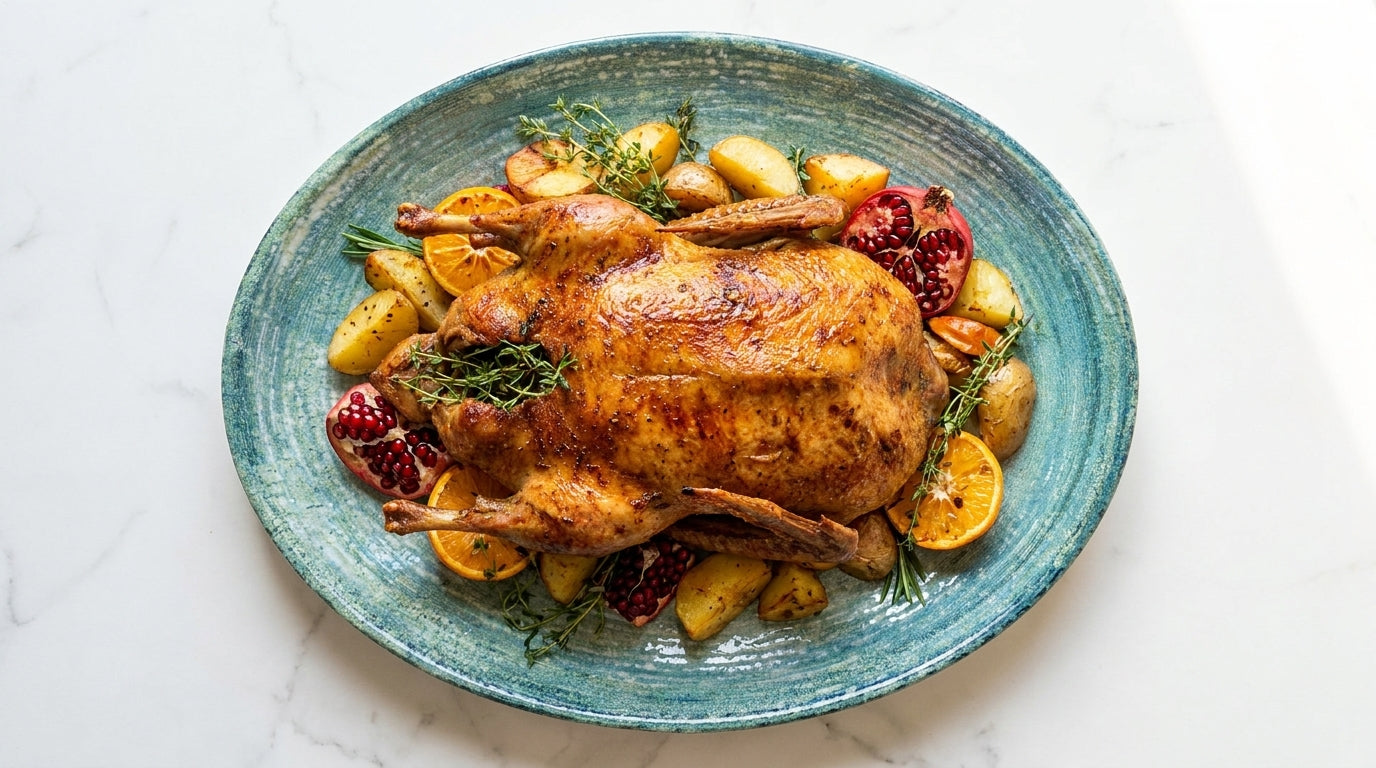 Roasted duck with vegetables on a blue plate