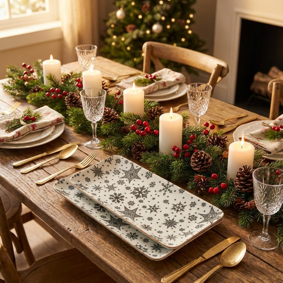 Decorated Christmas table with candles, greenery, and patterned plates in a warm indoor setting.